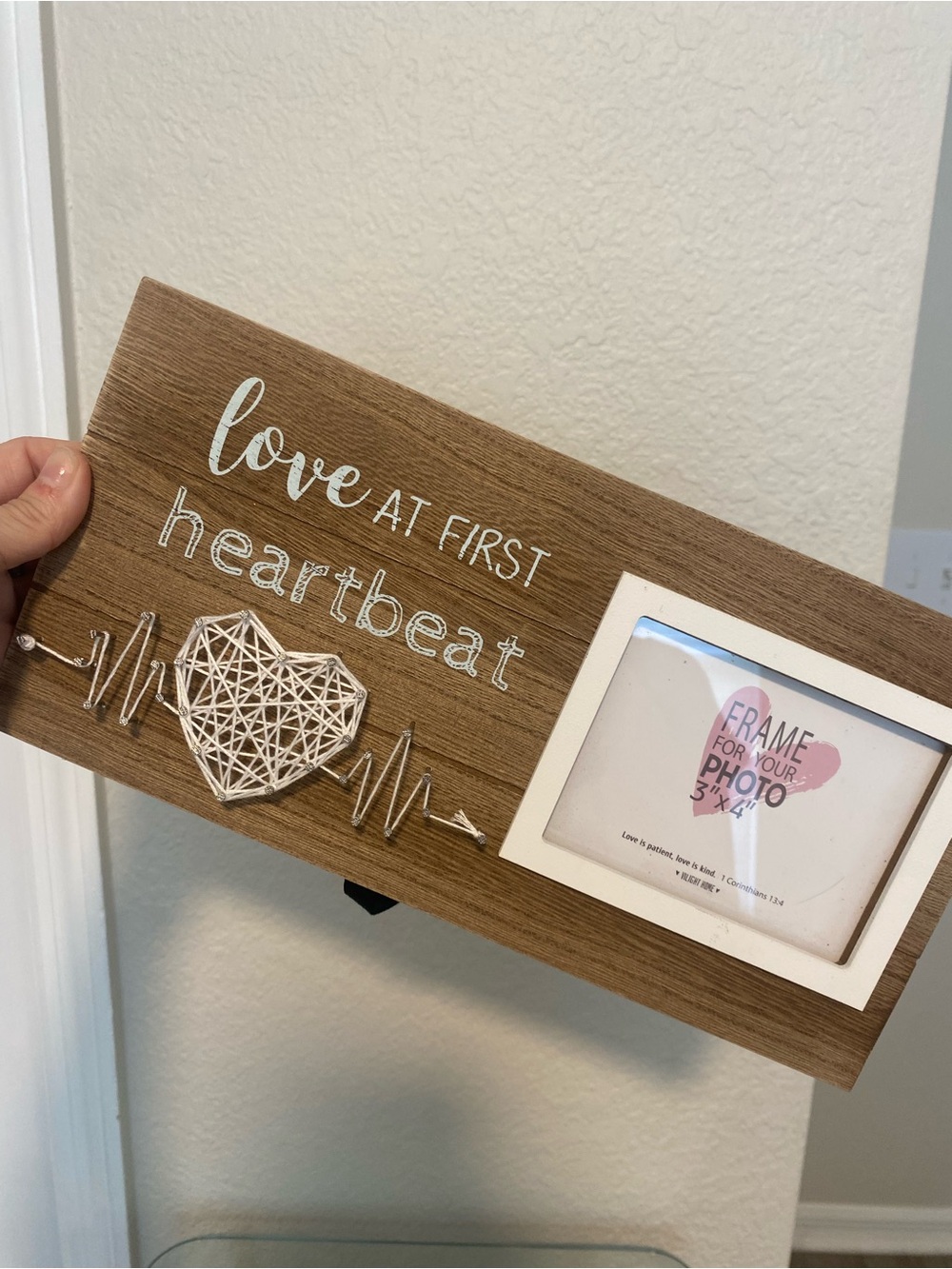 Love at First Heartbeat Wood Freestanding Photo Frame 3x4 Brown/White Glass